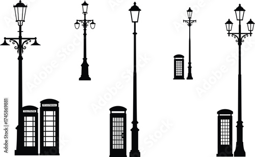 Vintage British street lamps and telephone booths, decorative silhouette illustration, urban cultural design elements, architectural vector artwork, nostalgic black collection