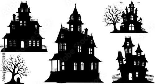 Halloween haunted houses silhouette vector set spooky mansion creepy building scary architecture collection	
