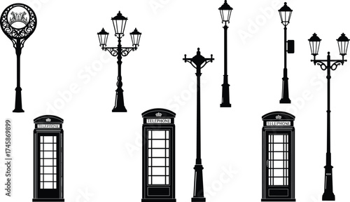 Vintage British street lamps, telephone booths, and ornate sign silhouettes, cultural urban design elements, decorative vector illustration, black architectural collection