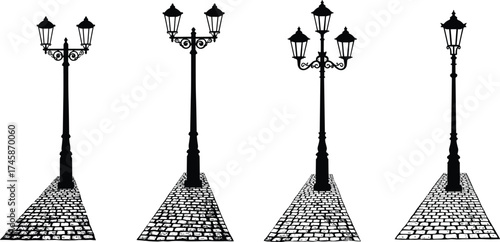Vintage street lamps on cobblestone paths, ornate decorative lamp post silhouettes, urban outdoor lighting design, architectural vector illustration, black collection