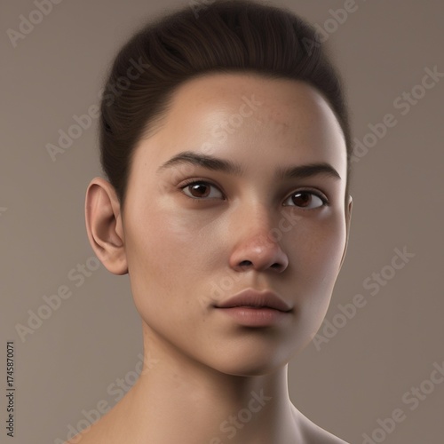 A highly detailed, hyper-realistic close-up portrait of an AI-generated human face. This digital artwork features lifelike skin textures, expressive eyes, and natural lighting.