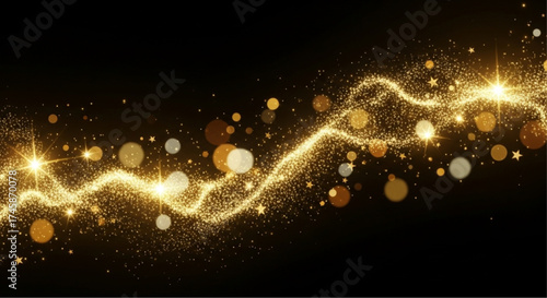 Golden Sparkle Wave with Black Backdrop, evokes a sense of elegance and celebration. The luminous lines twist and turn against the dark canvas. vector illustration