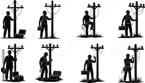 Utility workers repairing and inspecting electrical poles with toolboxes, climbing harnesses, and wires, vector silhouette illustration, urban infrastructure maintenance