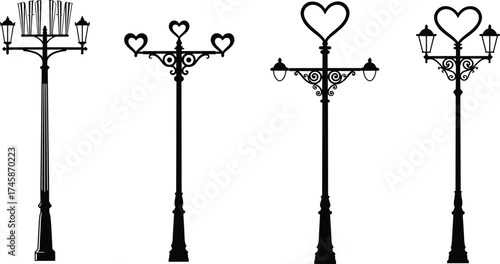 Ornate street lamps with heart shapes and decorative signage, romantic urban lighting design, vintage lamp post silhouettes, black vector illustration collection