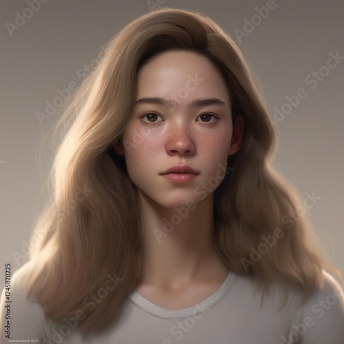 A highly detailed, hyper-realistic close-up portrait of an AI-generated human face. This digital artwork features lifelike skin textures, expressive eyes, and natural lighting.