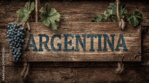Sign depicting Argentina with grapes, emphasizing the country's rich wine culture and scenic vineyards in a rustic setting