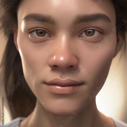 A highly detailed, hyper-realistic close-up portrait of an AI-generated human face. This digital artwork features lifelike skin textures, expressive eyes, and natural lighting.