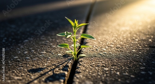 Resilient Sprout: A vibrant sprout emerges from a crack in concrete, symbolizing resilience, hope, and the tenacious power of growth against all odds. It is bathed in sunlight.