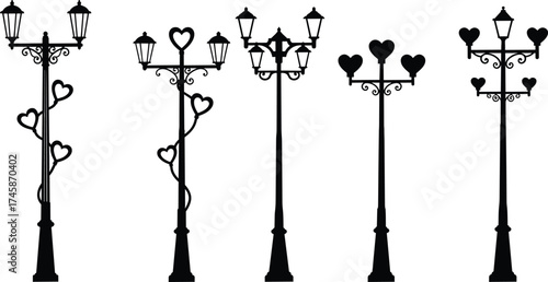 Decorative street lamps with heart shapes, romantic urban lighting design, ornate lamp post silhouettes, vintage vector illustration, black outdoor decorative collection