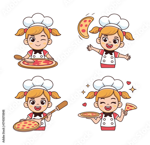 Cute cartoon girl chef making pizza in different poses