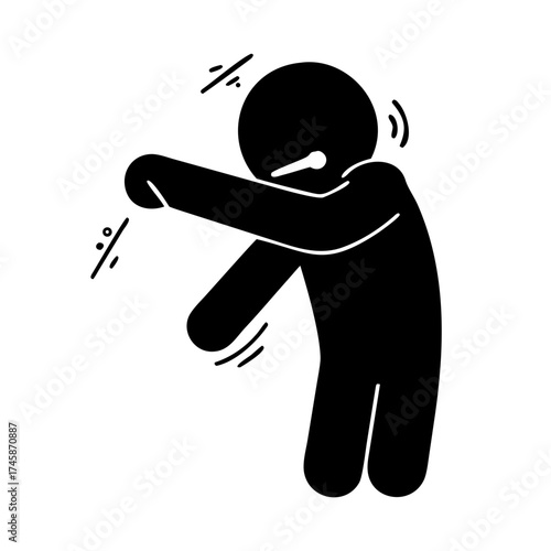 Person sneezing into elbow as a concept of seasonal illnesses, flu season  