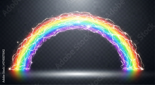 A radiant, colorful rainbow arch crafted from pure energy shines on a dark backdrop, radiating hope and magic. vector illustration