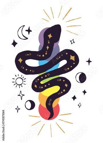 Mystical Snake Kundalini with colorful chakra, Celestial Moon, Sun and Stars symbols representing spiritual energy. Textured Hand Drawing Doodle. Vector Illustration. Not AI