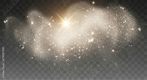 An ethereal cloud of shimmering gold dust sparkles, with a brilliant radiant light piercing through the celestial scene. vector illustration