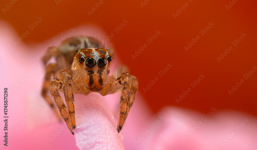 Obraz premium A sharp and detailed photo of a spider photographed against a stunning background. Spider species: Jumping spider.
