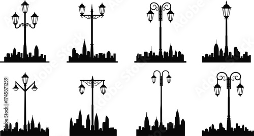 Vintage street lamps with city skyline silhouettes, decorative urban lighting illustration, classic architecture design, elegant metropolitan artwork, outdoor lamp concept