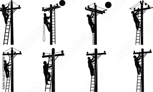Utility workers climbing poles with tools and transformers, electrical maintenance silhouettes, power line repair illustration, energy infrastructure engineering concept art