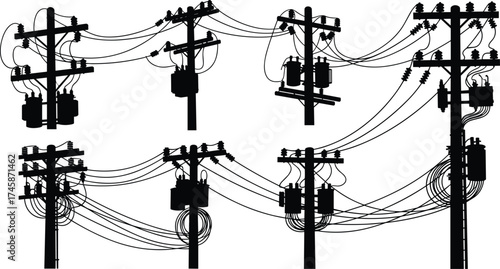 Utility poles with transformers and power lines, electrical distribution network silhouettes, urban energy infrastructure illustration, high voltage engineering design concept art
