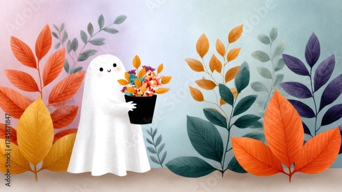 Cute ghost holding autumn flowers in nature scene