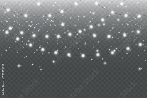 Festive Christmas light gold garlands PNG. Decor element for postcards, invitations, backgrounds, business cards. Winter new collection 2026