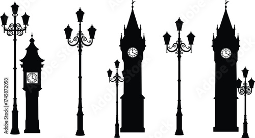 clock, tower, street, lamp, silhouette, ornate, vintage, Victorian, architecture, urban, city, decorative, pole, design, vector, illustration, public, lighting, historical, furniture, scenery