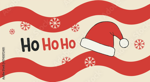 Retro Christmas Banner: "Ho Ho Ho" Typography with Santa Hat, Snowflakes, and Wavy Stripes Vector