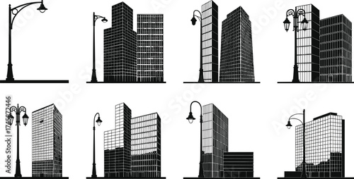 modern, street, lamp, silhouette, building, architecture, urban, city, skyline, pole, outdoor