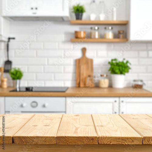 Kitchen interior with light wooden table and white walls