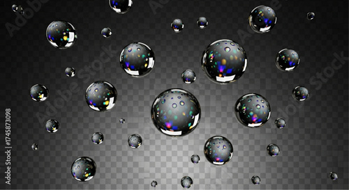 A captivating visual of floating droplets in a state of freefall, each a miniature sphere reflecting light, creating a mesmerising play of texture and transparency.