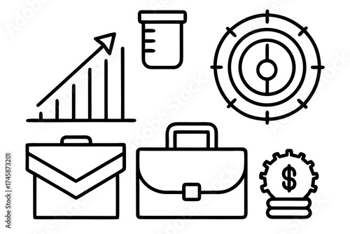 Simple Line Art Business Icons and Financial Elements Vector Set on White