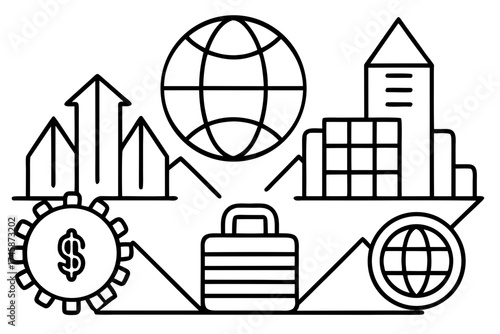 Simple Line Art Business Icons and Financial Elements Vector Set on White