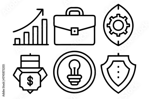 Simple Line Art Business Icons and Financial Elements Vector Set on White
