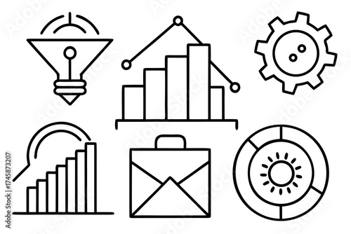 Simple Line Art Business Icons and Financial Elements Vector Set on White
