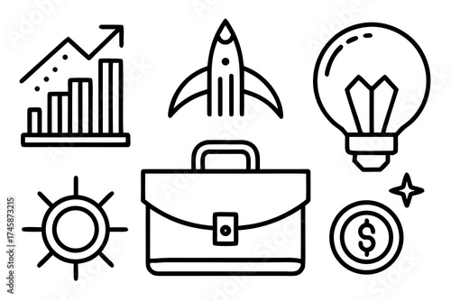 Simple Line Art Business Icons and Financial Elements Vector Set on White