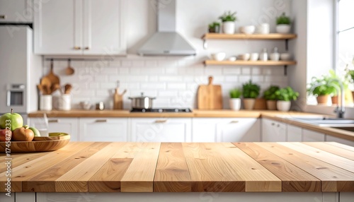 Kitchen interior with wooden counter and blurred background