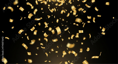 Golden confetti cascades gently against a darkened backdrop, symbolizing joy, celebration, and special occasions. Perfect for conveying a sense of festivity and elegance.