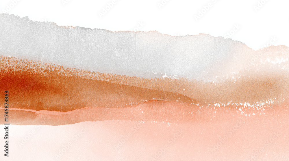 Fototapeta premium Abstract watercolor painting showing layers of diluted orange and light gray paint with visible brushstrokes and paper texture, creating a soft, artistic background