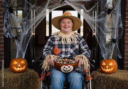 man in wheelchair dressed as scarecrow handing out halloween candy with pumpkin decorations