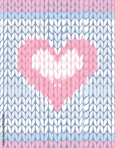 Knitted texture with a pink heart shape in the center