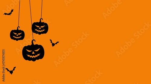 Looped Halloween animation with swinging hanging pumpkins and flying bats flapping their wings on orange background. Fun spooky motion graphic for seasonal holiday design and celebration