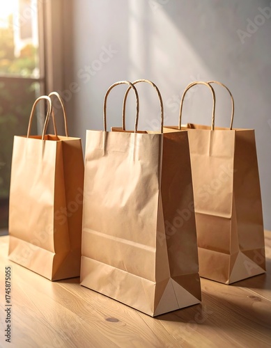 Kraft paper shopping bags on a light-colored wooden surface