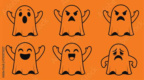 Six cartoon ghosts with different facial expressions on orange background.