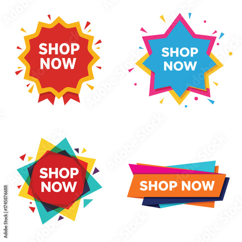vibrant flat shop now badge vector collection with bold uppercase text and modern minimal design