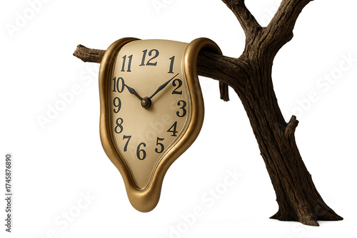 Surreal Timepiece on Branch: A whimsical golden clock, reminiscent of melting time, draped gracefully over a textured wooden branch. The hands of the clock suggest the passage of time.