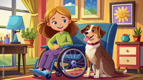 Very beautiful close up scene of a girl in a wheelchair with her loyal service dog at home, warm sunlight filling the cozy room, expressing love, comfort, independence, and friendship.