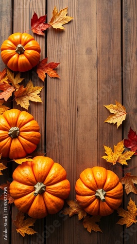 Wallpaper Mural Pumpkins and leaves over wooden background copy space Template fall harvest thanksgiving halloween i Torontodigital.ca