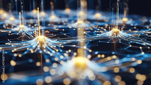 Abstract network of interconnected nodes with glowing centers and radiating lines, suggesting connectivity and data flow.