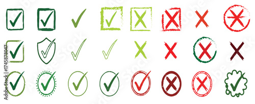 Collection of hand drawn check marks and crosses in various shapes and colors representing choices options and decisions on white background