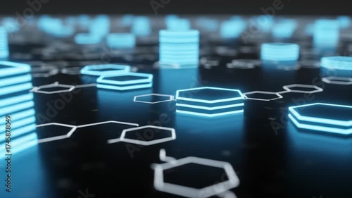 Futuristic digital landscape with interconnected glowing blue hexagons, symbolizing advanced technology, data networks, and scientific innovation in an abstract and dynamic visual