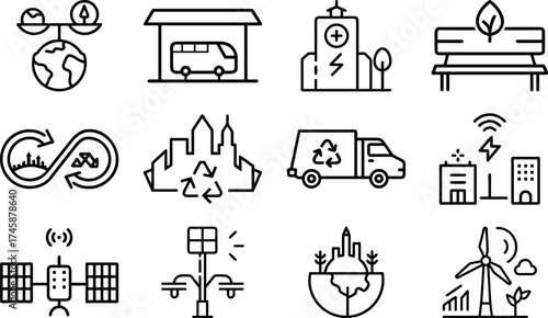 Eco-friendly Icons representing Sustainable city life. The image showcases various symbols related to environmental protection and eco-friendly practices